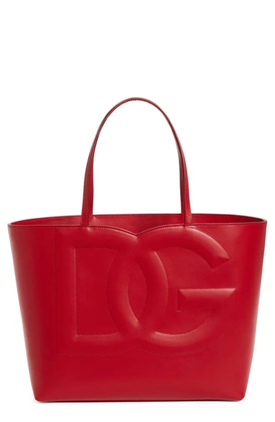 Dolce & Gabbana Logo Large Leather Tote In Red