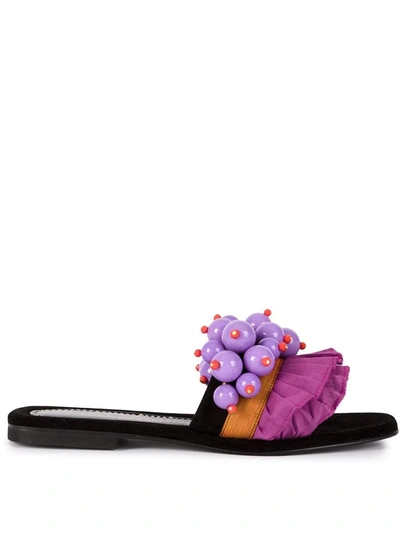 Elina Linardaki Berry Berry Black Leather Sandal With Pearls And Rouches In Multicolor