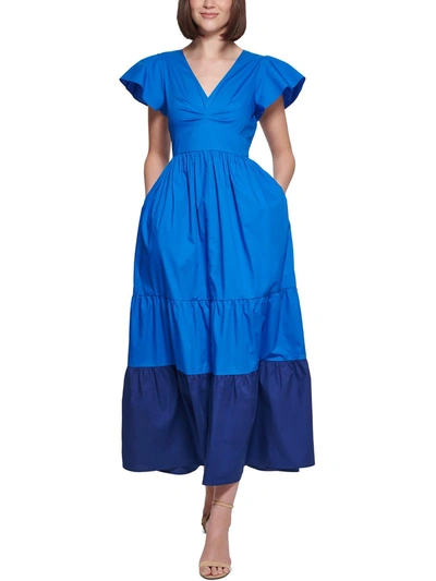 Kensie Womens Flutter Sleeve Long Maxi Dress In Blue