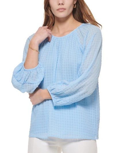 Calvin Klein Womens Check Print Puff Sleeve Blouse In Blue