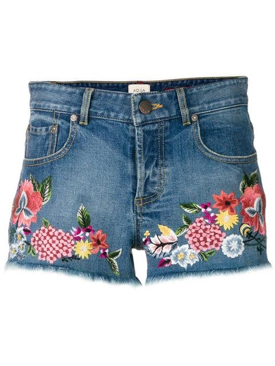 Alice And Olivia Floral Embroidered Denim Shorts In Blue