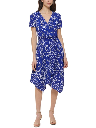 Jessica Howard Petites Womens Belted Midi Fit & Flare Dress In Blue