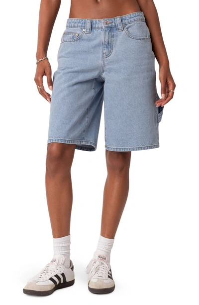 Edikted Low Rise Bermuda Denim Carpenter Shorts In Light Blue