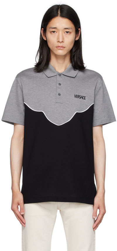Versace Bicolor Polo With Embroidered Logo In Black And Grey Cotton Man In Multicolor