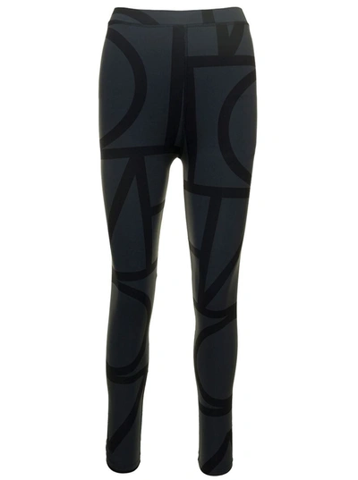 Totême Black Leggings With All-over Monogram Print In Tech Fabric Woman