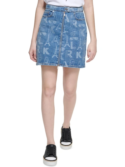 Karl Lagerfeld Womens Logo Printed Front Zipper Mini Skirt In Multi