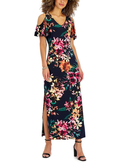 Connected Apparel Petites Womens Floral Long Maxi Dress In Blue