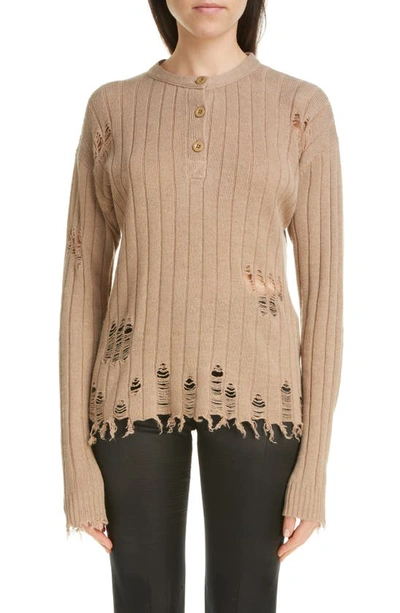 Acne Studios Kenjen Distressed Rib Henley Sweater In 640 Camel Brown