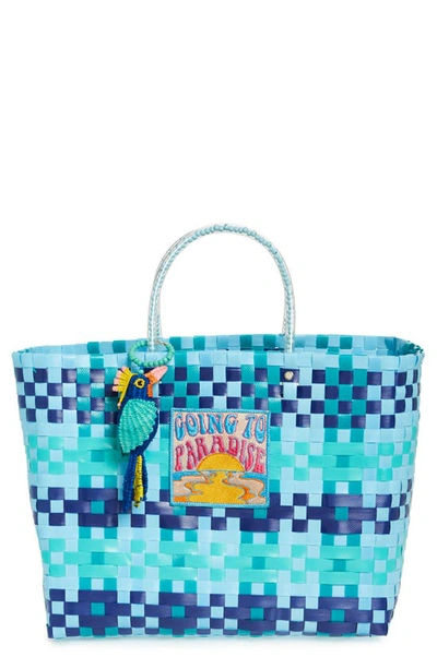 Mercedes Salazar Medium Going To Paradise Woven Tote In Light Blue/ Blue