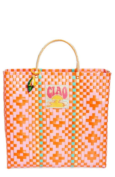 Mercedes Salazar Large Ciao Woven Tote In Orange/ Light Pink