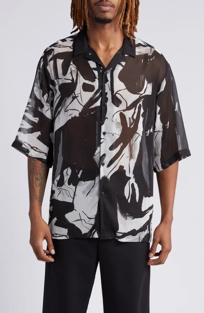 Topman Sheer Abstract Print Short Sleeve Button-up Shirt In Black