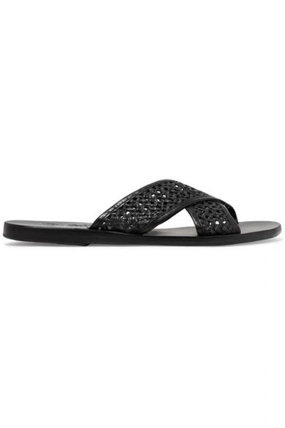 Ancient Greek Sandals Thais Woven Raffia And Leather Slides In Black