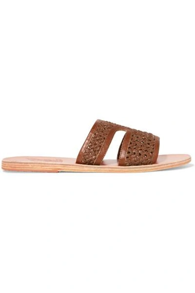 Ancient Greek Sandals Apteros Woven Raffia And Leather Slides In Brown