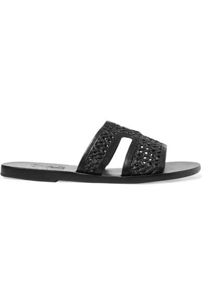 Ancient Greek Sandals Apteros Woven Raffia And Leather Slides In Black