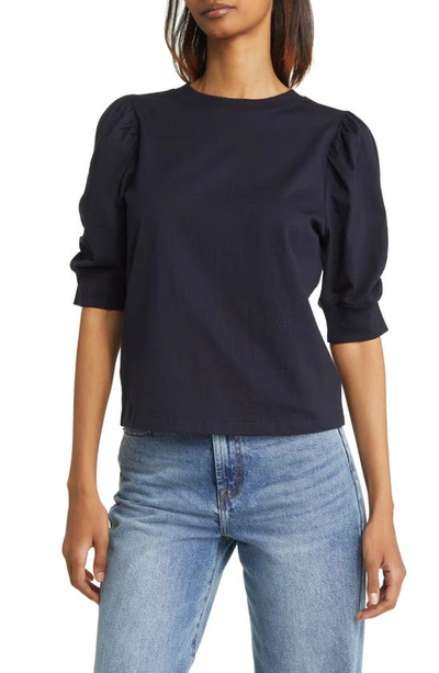 Frame Frankie Puff Sleeve Cotton Blouse In Navy