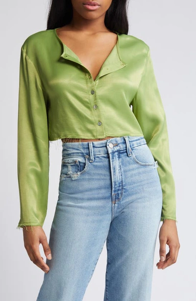 Topshop Raw Edge Satin Crop Button-up Top In Mid Green