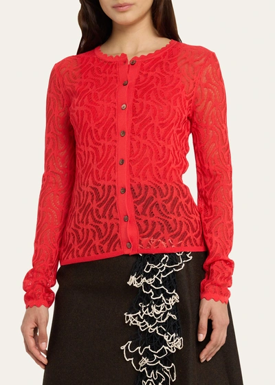 Diotima Portia Lace Knit Scallop Cardigan In Red