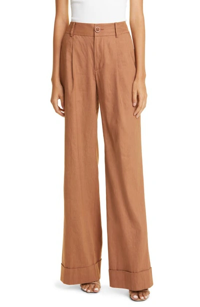 Alice And Olivia Tomasa Cuffed Linen-blend Trousers In Brown