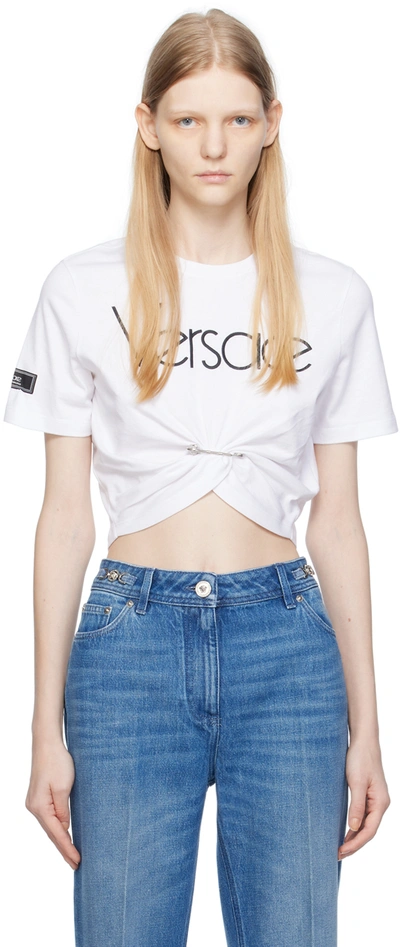 Versace Safety-pin Logo Embroidered Crop T-shirt In White