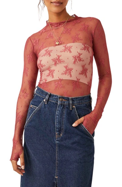 Free People Lady Lux Floral Mesh Layering Top In Red