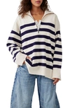 Free People Coastal Stripe Pullover Sweater In Champange Navy Combo