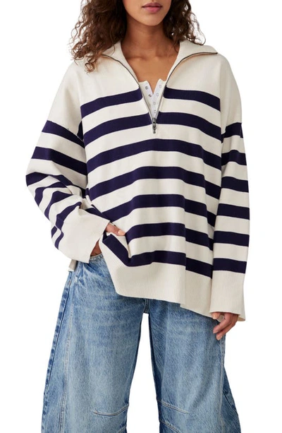 Free People Coastal Stripe Pullover Sweater In Champange Navy