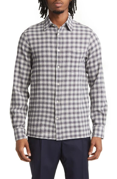 Officine Generale Alex Cotton Blend Seersucker Check Button Down Shirt In Darkgrey/ White