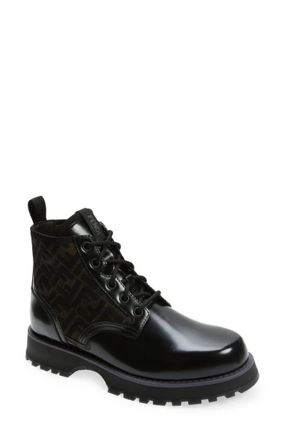 Fendi Ff Motif Leather Biker Boot In Nero/ Tabacco