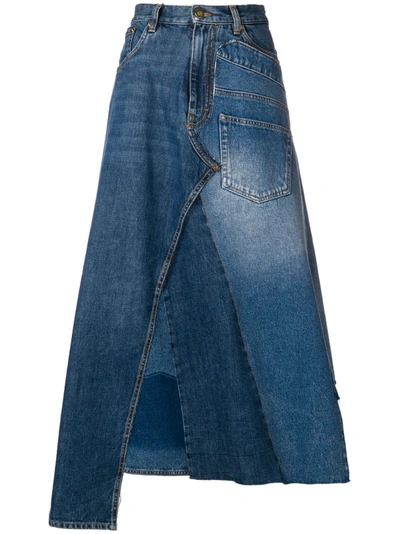 Loewe Asymmetric Patchwork Denim Midi Skirt In Blue