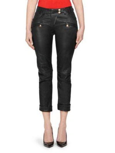 Balmain Cropped Leather Pants In Black