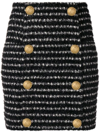 Balmain Striped Tweed Mini Skirt With Buttons In Black/white