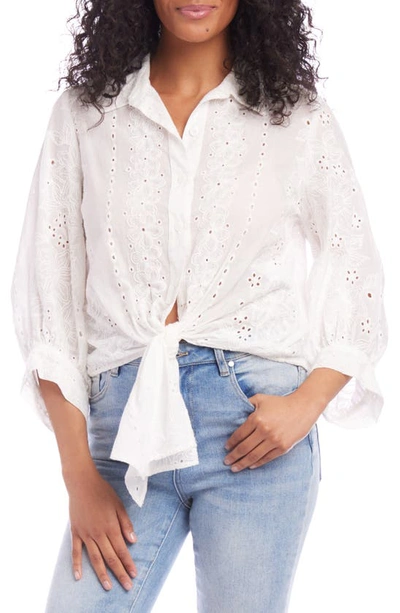 Karen Kane Embroidered Eyelet Tie Front Cotton Shirt In Off White
