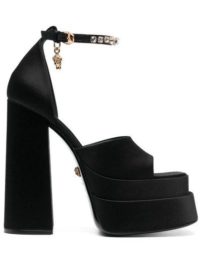 Versace Satin Platform Sandals In Black- Gold