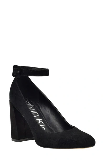 Calvin Klein Women's Fionna Round Toe Block Heel Dress Pumps In Black Suede
