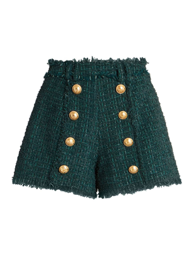 Balmain Women's Buttoned Tweed Shorts In Vert Fonce (green)