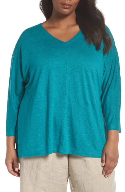 Eileen Fisher Linen Jersey V-neck Top, Plus Size In Turquoise