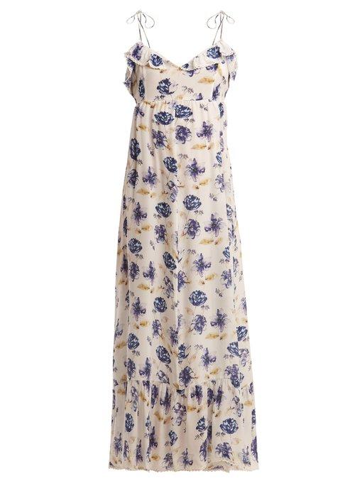 Athena Procopiou - Floral Print Ruffle Trimmed Silk Maxi Dress - Womens ...