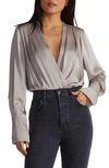 Favorite Daughter Surplice Long Sleeve Satin Bodysuit In Camel Grey