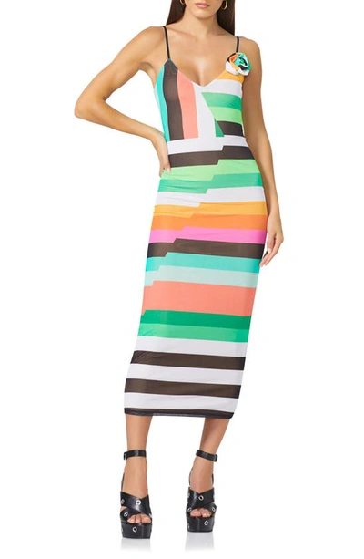 Afrm Amina Printed Rosette Mesh Dress In Geo Stripe
