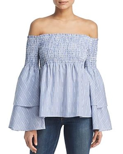 Marled Off-the-shoulder Striped Smocked Top In Blue/white