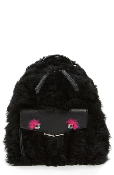 Fendi 'mini Monster' Genuine Shearling & Genuine Mink Fur Backpack - Black In Black/ Fuchsia / Palladium