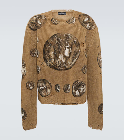 Dolce & Gabbana Coin Print Crew Neck Linen Sweater In Beige