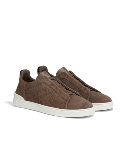 Zegna Dark Brown Canvas Triple Stitch Low Top Sneakers