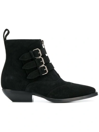 Saint Laurent Suede Theo Buckled Ankle Boots In Black