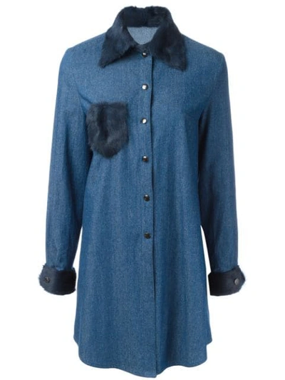 Liska Fur Trim Shirt Dress In Blue