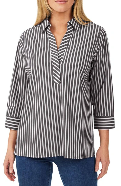 Foxcroft Sophia Stripe Three-quarter Sleeve Stretch Tunic In Black