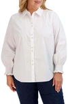 Foxcroft Olivia Smocked Cuff Cotton Blend Button-up Shirt In White