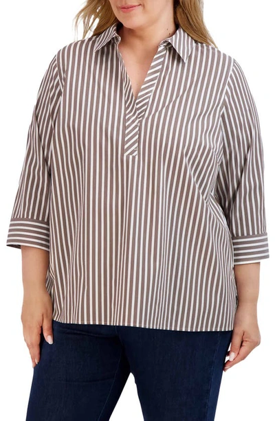 Foxcroft Sophia Stripe Three-quarter Sleeve Stretch Button-up Shirt In Brown