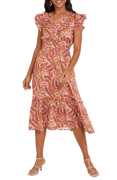 Mila Mae Shirred Waist Flutter Sleeve Dress In Rust Print