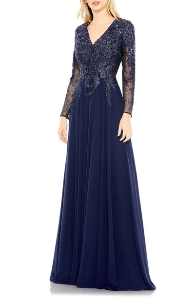 Mac Duggal Beaded Bodice Long Sleeve A-line Gown In Navy